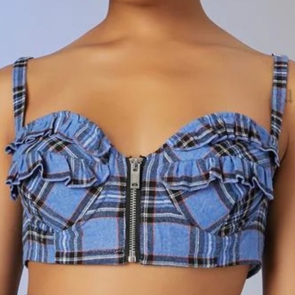 dolls kill Poster Grl Size XS Got A Clue Blue Ruffle Zip Plaid Bra Top Corset - Picture 1 of 8